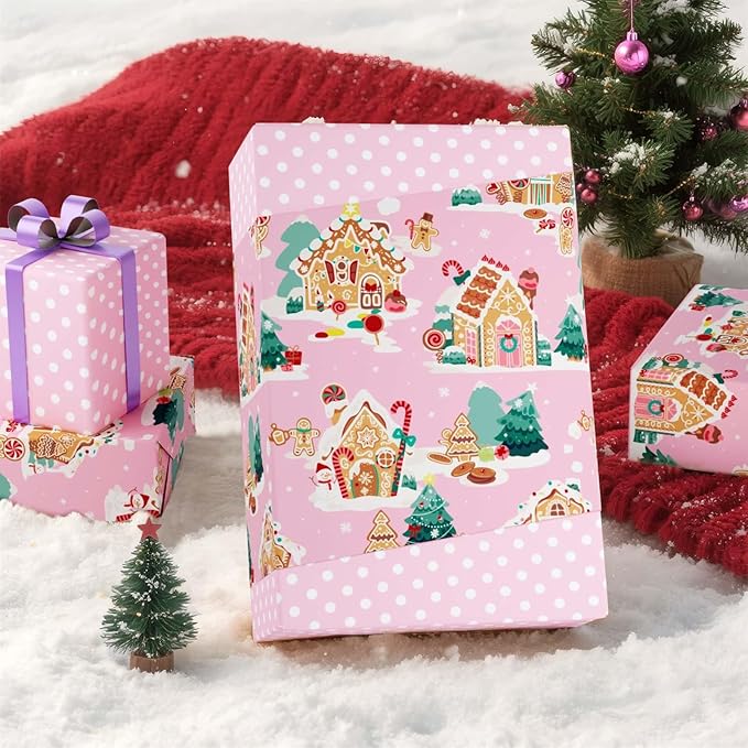 WERNNSAI Christmas Wrapping Paper - 1 Roll 17”x 33 ft Gingerbread House Wrapping Paper Roll Reversible Christmas Tree Gift Wraps for Kids Girls Xmas Winter Holiday Party Pink Polka Dot Design