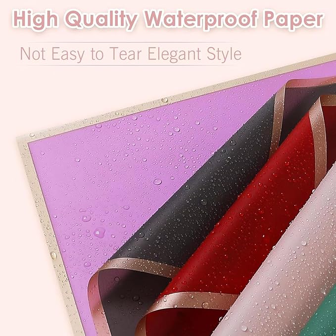 FF Sgdfc 20 Sheets Gold Edge Flower Wrapping Paper Waterproof Bouquet Packaging Paper Florist Bouquet Supplies for Wedding DIY Craft Gift Packing (Light purple)