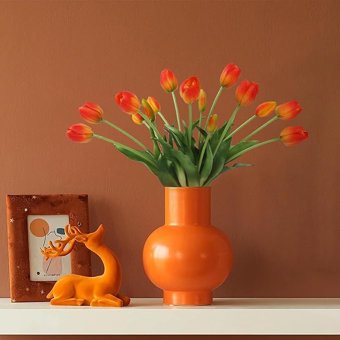 15 Pcs Orange Artificial Flowers Tulips Real Touch Latex Plastic Soft Faux Bouquets for Party, Wedding, Home, Room, Garden Decor