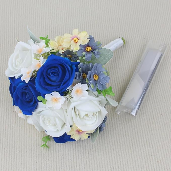 Rinlong 7“ Blue Wedding Bouquet for Bride Bridesmaid Artificial Toss Bouquet Royal Navy Blue Silk Bridal Bouquet Wedding Prom Bouquets