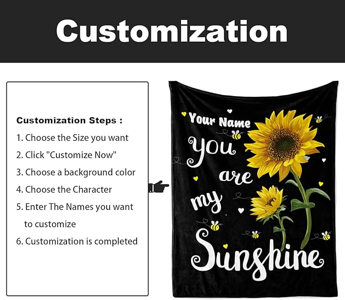 Jekeno Personalized Sunflower Blanket Custom Throw Blanket with Your Name Soft Warm Lightweight for Adults Women Gift 60"x80"