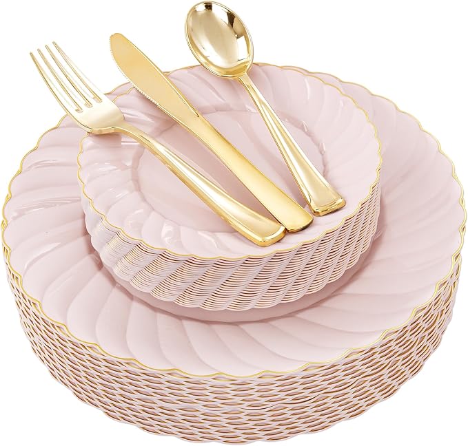 YOUBET 125Piece Pink Plastic Plates with Gold Rim – Scalloped Plastic Plates Set Includes 25 Dinner, 25 Dessert Plate, 75 Gold Silverware for 25Geusts for Wedding Birthday Parties & Baby Shower