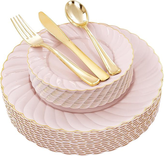 YOUBET 125Piece Pink Plastic Plates with Gold Rim – Scalloped Plastic Plates Set Includes 25 Dinner, 25 Dessert Plate, 75 Gold Silverware for 25Geusts for Wedding Birthday Parties & Baby Shower