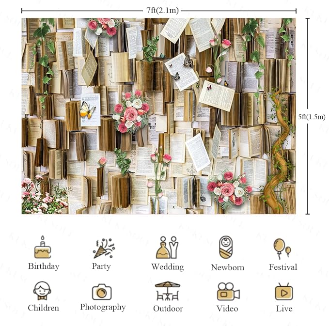 7x5FT Vintage Bookshelf Background Flower Garlend Book Pages Wedding Decorations Backdrop Adults Baby Shower Graduation Party Photo Studio Background Props KUBDJ943