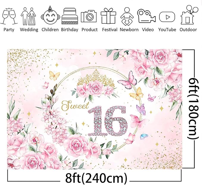 Mocsicka Sweet 16 Backdrop Rose Gold Sweet Sixteen Party Decoration Girls Pink Floral Gold Glitter Butterfly 16 Birthday Banner for Photoshoot (8x6ft)
