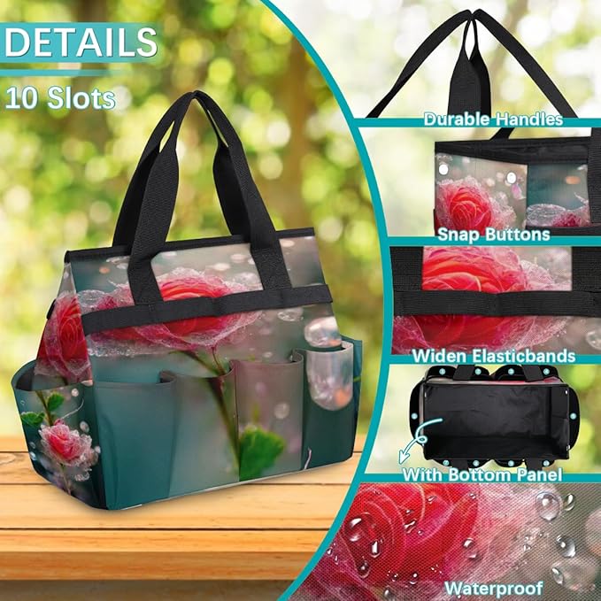 Floral Flower Garden Tool Tote Bag for Women Men Gardening Tool Storage Bags with 10 Pockets Standable Garden Home Tool Kits Organizer for Indoor Outdoor Gardening Gifts