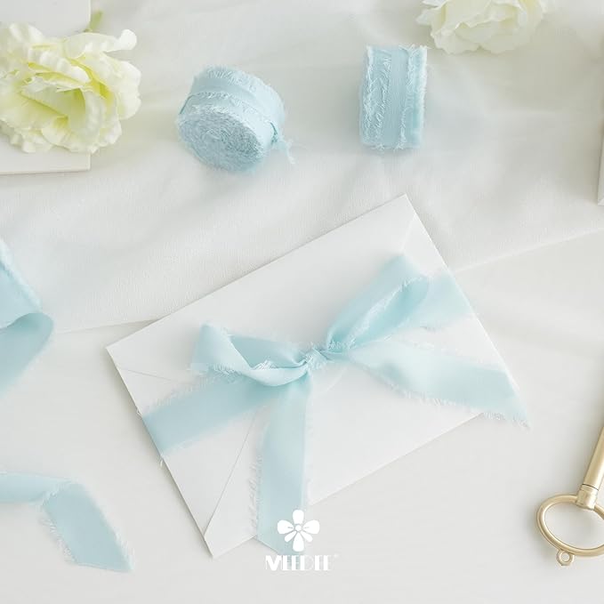 MEEDEE Aqua Chiffon Ribbon 1 Inch Fringe Ribbons Blue Chiffon Silk Frayed Edge Ribbon Thin Chiffon Ribbons for Crafts, Gift Wrapping, Wedding Invitation (3 Rolls 21 Yards)