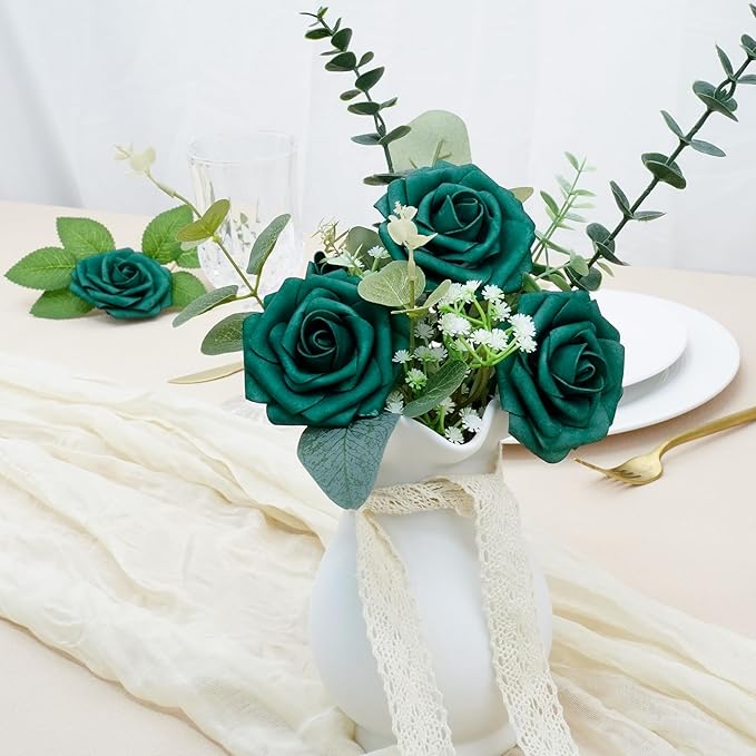 Artificial Flowers, 50pcs Hunter Green Artificial Rose for DIY Wedding Bouquets Centerpieces Arrangements, Fake Flower with Stem for Party Home Decrration