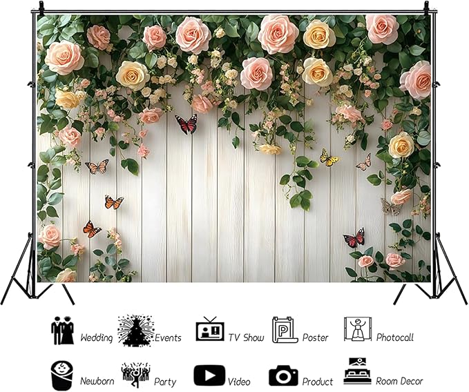 Baocicco 15x10ft Wooden Flower Backdrops for Photography Spring Botanical Green Leaf Butterfly Farmhouse Background for Engagement Bridal Shower Baby Shower Birthday Wedding Party Decoration Supplies