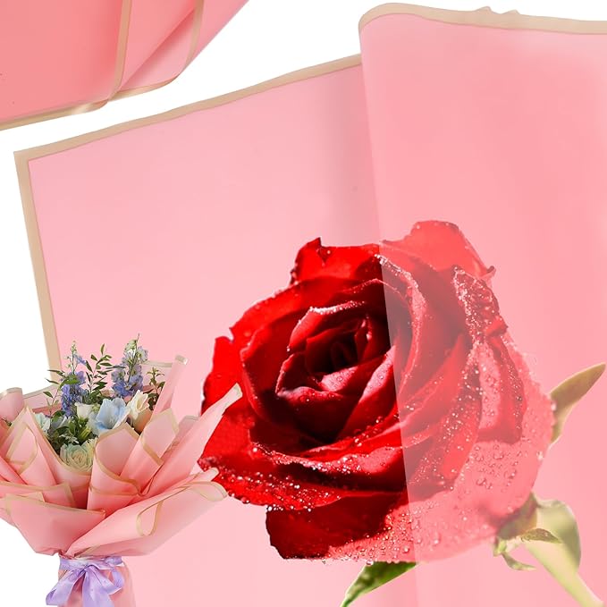 YIDATIKER 20 sheet Flower Wrapping Paper,waterproof floral wrapping paper for bouquets,DIY Florist Supplies Packaging Paper with satin ribbon for Wedding,Birthday,Valentine's Day（Rose Pink