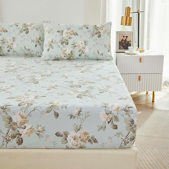 Brandream French Country Sheet Set Twin Size Garden Toile Floral Print Bed Sheet Set 800 Thread Count 100% Egyptian Cotton Deep Pocket Tapestry Pattern Chinoiserie Peony Blossom Tree, 4Piece