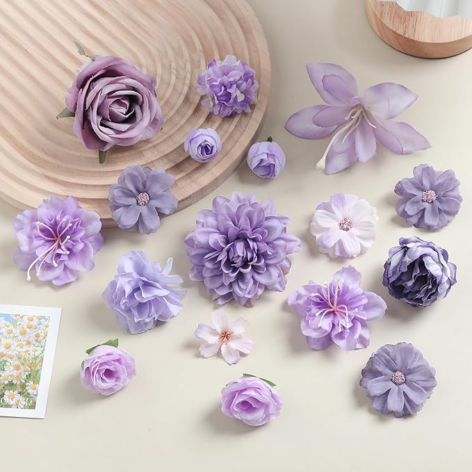Fake Flower Heads for Crafts - Purple Silk Artificial Roses, Peonies, Daisies & Mini Floral Heads Bulk (48-Pack) for Wedding Decor, Graduation Cap, Cake Topper, Baby Shower, Home Decoration
