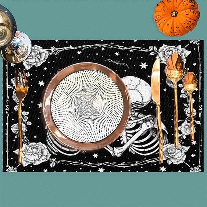 Halloween Skull Goth Flower Placemats Set of 6 PVC Vinyl Non Slip Table Mats Heat Resistant Place Mats Washable Wipeable Dining Table Mat for Kitchen Decor Party Indoor Outdoor Decorative Gift