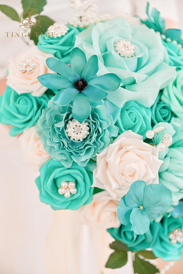 TINGE TIME 11 Inch Wedding Bouquets for Bride, Teal Green & Champagne Artificial Flowers Bouquet, Brides & Bridesmaids Bouquet for Wedding Anniversary Ceremony Bridal Shower Decorations
