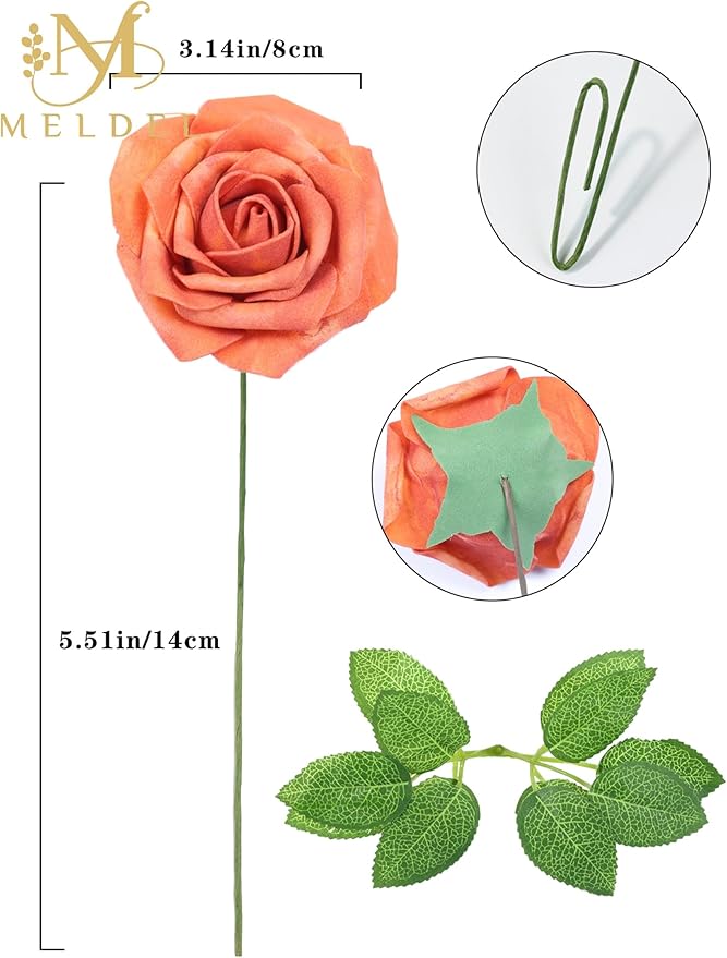 Meldel Artificial Flowers 50pcs Real Looking Burnt Orange Foam Fake Roses with Stems for DIY Wedding Bouquets Bridal Shower Centerpieces Floral Arrangements Home Decorations Crafts