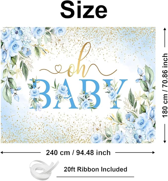 Mocsicka Oh Baby Backdrop Blue Floral Baby Shower Banner for Boys Party Decorations Photo Booth Props (Blue, 8x6ft)