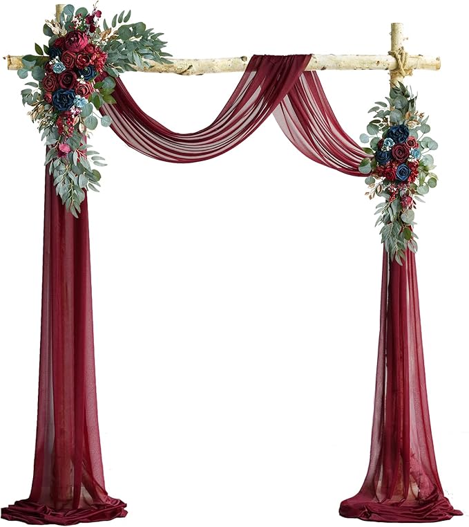 ponatia Artificial Wedding Arch Flowers Kit(Pack of 3), Burgundy Flowers with 26Ft Shiny Arch Draping Fabric, Navy Arch Flowers for Wedding Decoration, Wedding Ceremony Reception Backdrop Decorations