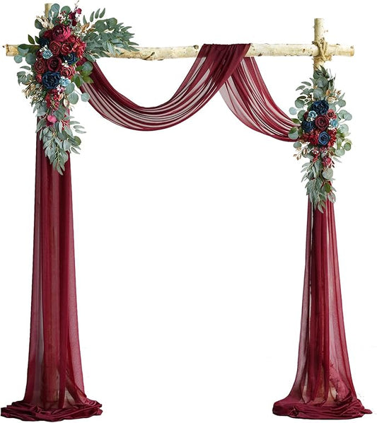 ponatia Artificial Wedding Arch Flowers Kit(Pack of 3), Burgundy Flowers with 26Ft Shiny Arch Draping Fabric, Navy Arch Flowers for Wedding Decoration, Wedding Ceremony Reception Backdrop Decorations