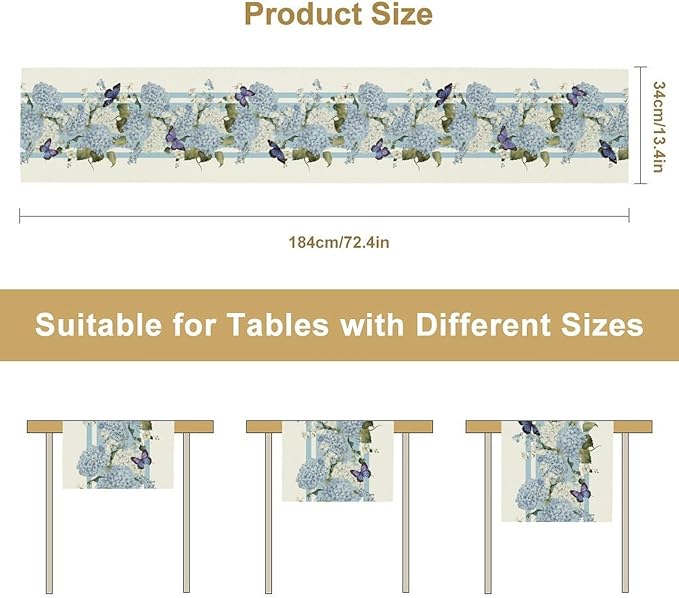 Blue Floral Table Runner, Spring Summer Watercolor Hydrangea Flower Butterfly Country Farmhouse Coffee Table Center Decor for Home Kitchen Dining Patio Holiday Party Table Decorations 13x72 inches