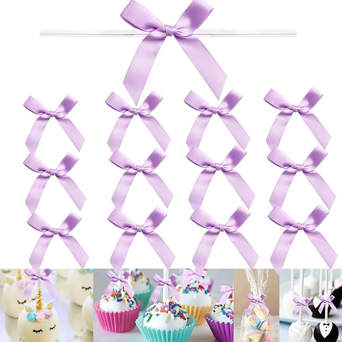 100 PCS 3 Inch Twist Bows for Treat Bags, Satin Twist Tie Bows, Pre Tied Bows with Wire, Ribbon Bows with Twist Ties for Gift Bags, Popcorn Bags, Cookie Bags, Party Favors(Light Purple)