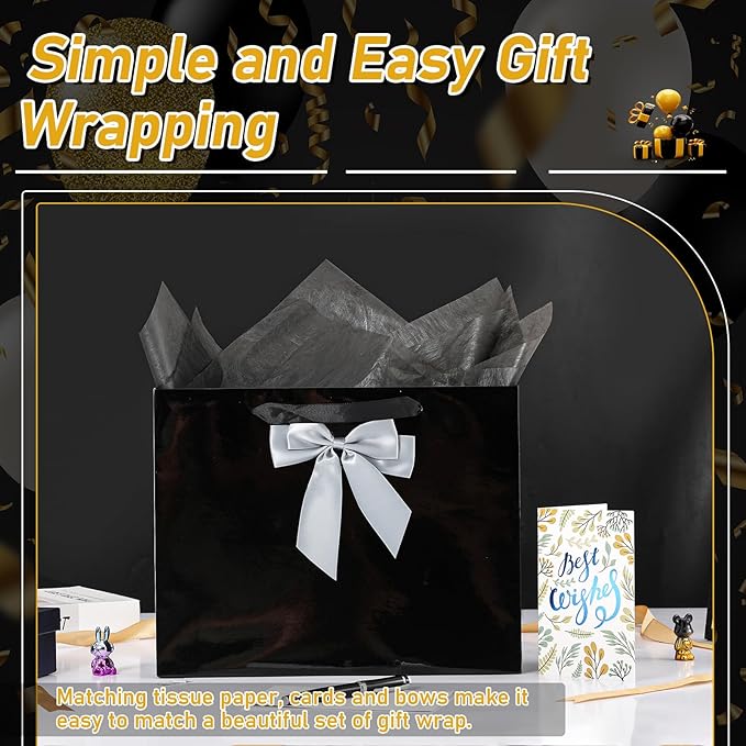 Bloomwords 13" Black Gift Bag Set - 2 Large Paper Bag with Bow, Greeting Card & 4 Tissues, Sturdy Handles for Birthdays, Father’s Day & Special Occasions-2PCS