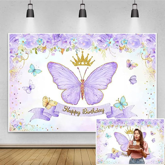 Renaiss 10x6.5ft Happy Birthday Backdrop Purple Butterfly Flowers Gold Crown Photography Background Daughter Girl Princess Birthday Party Decor Dessert Table Banner Portrait Selfie Group Photo Props
