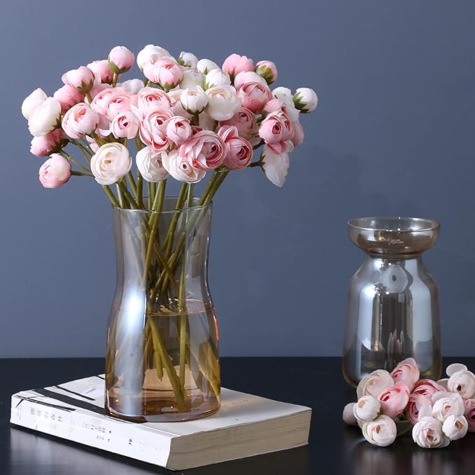 Hananona 18 Pcs Artificial Silk Rose Flowers Persian Ranunculus Bouquet Asian Buttercup,Suitable for Core Decorations,Weddings,Home (Pink, 2)