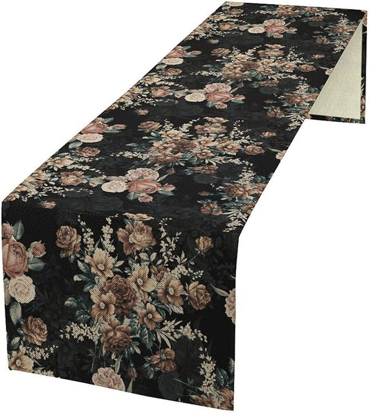Dark Floral Table Runner, Orange Blossoming Flower Bunch Rose Gothic Black Wildflowers Table Runner for Farmhouse Kitchen Dining Table Decor, 13x60inch
