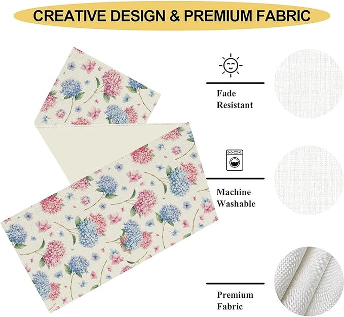 Hydrangea Table Runner, Spring Summer Watercolor Blue Floral Seasonal Country Farmhouse Coffee Table Center Decor for Home Kitchen Dining Patio Holiday Party Table Decorations 13x108 inches