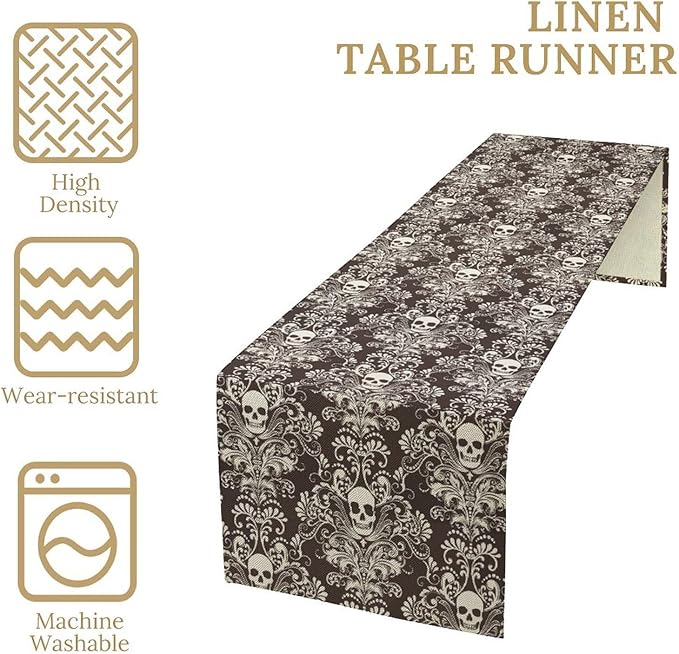 Gothic Table Runner,Damask Skull Victorian Black Floral Boho Table Runner for Home Kitchen Table Dining Garden Farmhouse Wedding Party Decor 13x108 Inch
