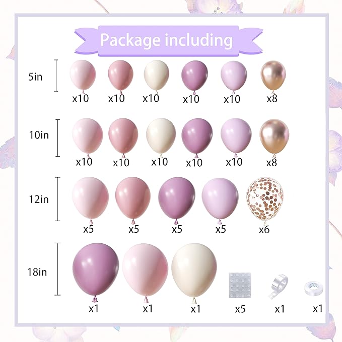 Dusty Purple Balloon Arch Kit, 152Pcs Dusty Pink White Sand Lavender Lilac Light Purple Champagne Gold Confetti Balloons for Baby Bridal Shower Wedding Engagement Birthday Party Decorations