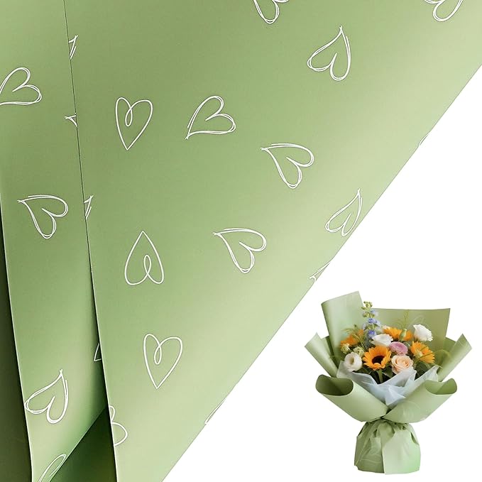 LeZakaa 20 Sheets Valentine Flower Wrapping Paper, Sage Green with White Heart Pattern Waterproof Floral Bouquet Paper, for Valentines, Mothers Day, Party, Romantic Birthday, Wedding, Anniversary
