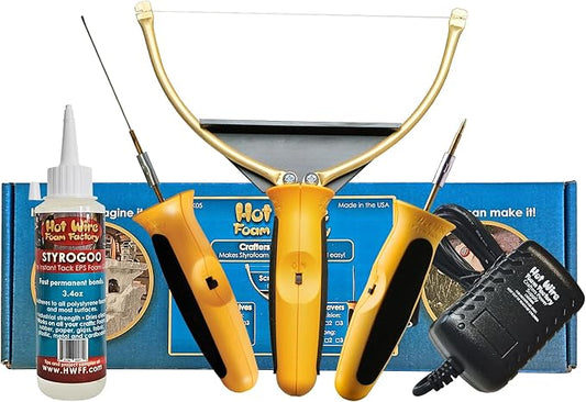 Hot Wire Foam Factory Crafters Deluxe 3-in-1 Foam Cutting Tool Kit | Sculpting Tool, Hot Knife, Engraver, Power Supply, & StyroGoo Foam Glue | For EPS, XPS & Styrofoam | USA Made