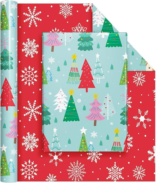 WERNNSAI Christmas Tree Wrapping Paper - 1 Roll 17”x 33 ft Christmas Gift Wrapping Paper for Kids Reversible Snowflake Wrap Papers Red Green Holiday Gift Wrap for Family Friends Xmas Winter Party