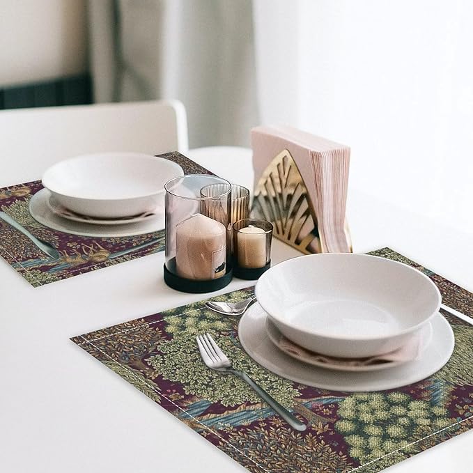 William Morris Flower Placemats Set of 4, Vintage Boho Floral Tree Plant Deers Woodland Animals Place Mats, Heat Resistant Non Slip Cotton Linen Dining Table Mats for Home Kitchen Party 18x12 Inch 1PC