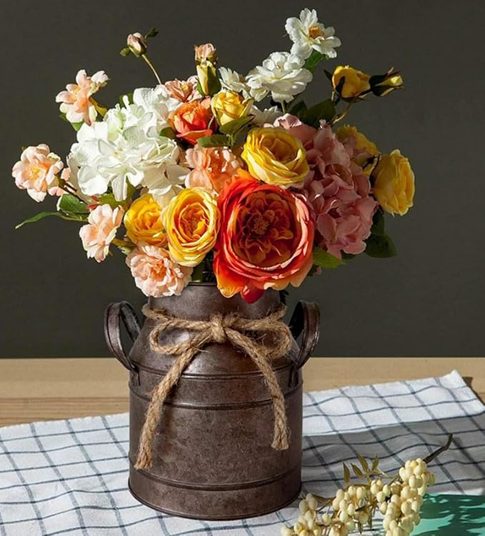 Primitive Distressed Iron Vase Bucket,Shabby Chic Classy Designed Metal Vase,Vintage Rustic Antique Decorative Flower Vase for Birthday Gift,Home Decor,Wedding,Party(5.5" L x 3.5" W x 5.9" H)