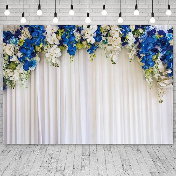 15x8ft White Wedding Backdrop White Blue Floral Flowers Photography Background Bride Groom Ceremony Party Bridal Shower Banner Decorations Engagement Proposal Portrait Photo Booth Prop