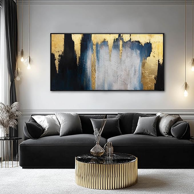 WINKAILIN Abstract Blue and Gold Wall Art with Black Frame Modern 24x48 Canvas Painting Large Artwork for Living Room Bedroom Office Home Decoration