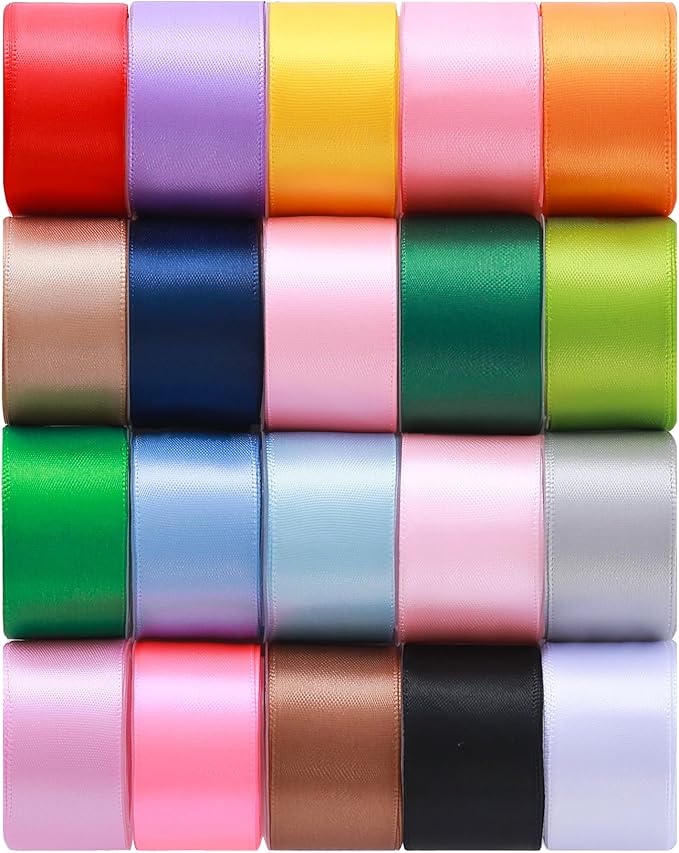 1inch 20 Colors Satin Ribbon Set, 1" X2Yd x 20Rolls Rainbow Ribbons for Gift Wrapping, Wedding Party Decoration, Invitations, Bridal Bouquets, Total 40 Yards