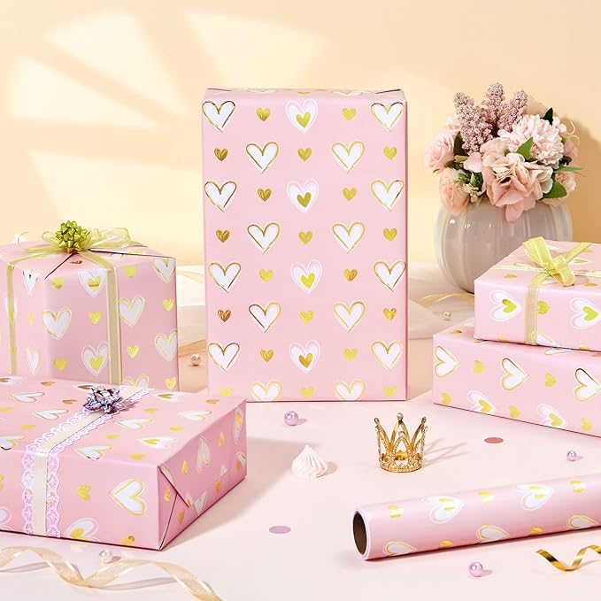 WERNNSAI Valentine Wrapping Paper Roll - 1 Roll 17”x 33 Valentines Day Gift Wrap Paper Pink Love Heart Gift Packing Decorations for Girls Women Bridal Shower Wedding Supplies