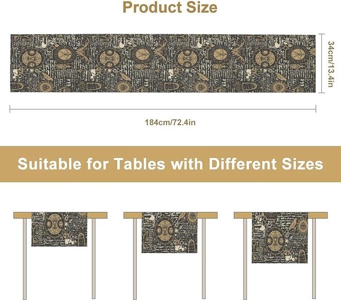 Gothic Table Runner,Black Gold Vintage Theme Print Table Runner for Home Kitchen Table Dining Garden Farmhouse Wedding Party Decor 13x36 Inch