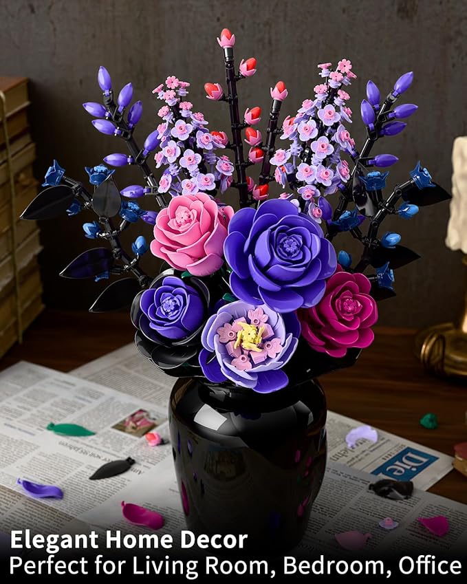 Flowers Bouquet Building Set - Purple Roses Botanical Collection Building Blocks for Adult Women, Artificial Flowers Gothic Home Decor Christmas Birthday Gift for Adults Kids Girls 6-12