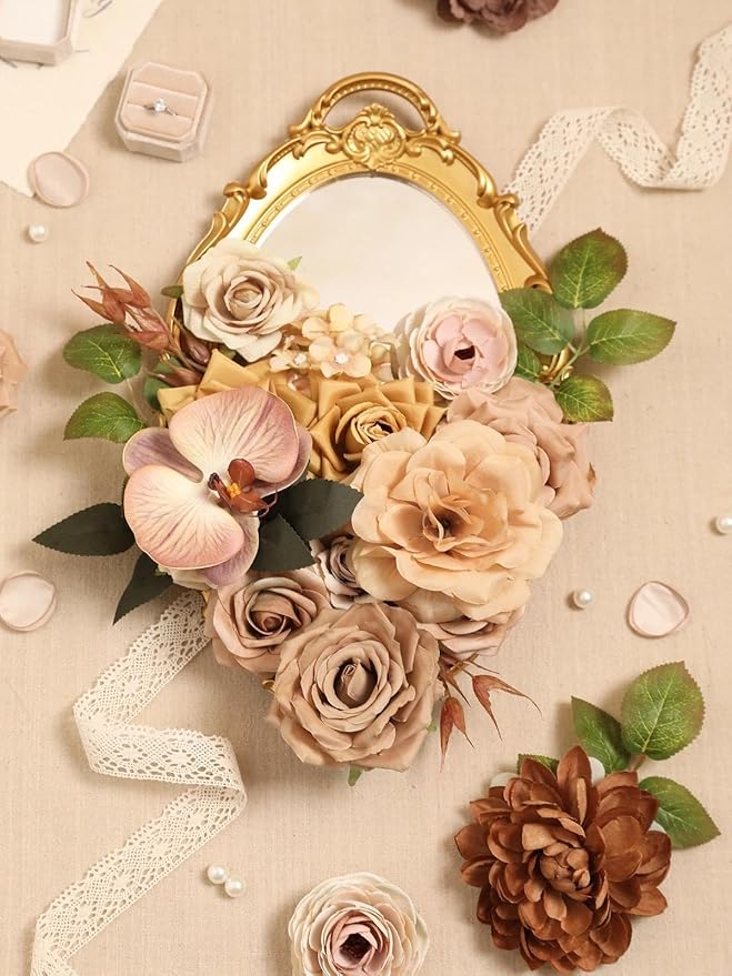 Coffee Artificial Flowers Combo Brown Silk Flowers Fake Roses Dahlia with Stems for DIY Wedding Bridal Bouquets,Table Centerpieces,Cake Floral Arrangement,Baby Shower,Birthday Home Decor