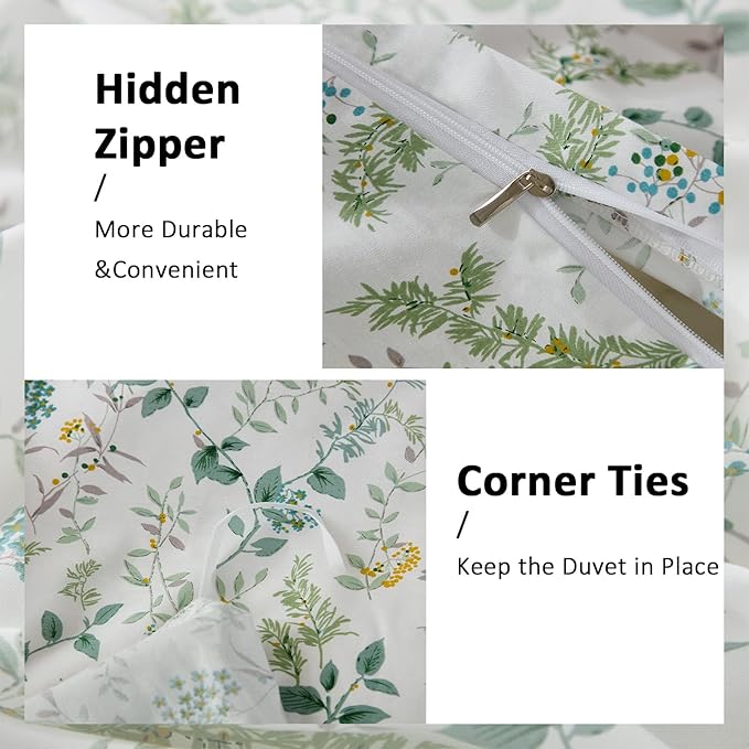 100% Cotton Duvet Cover Sets Queen Size Reversible Green Garden Bedding Sets Duvet Cover Super Soft Comforter Cover with Zipper Closure, Lightweight, Breathable