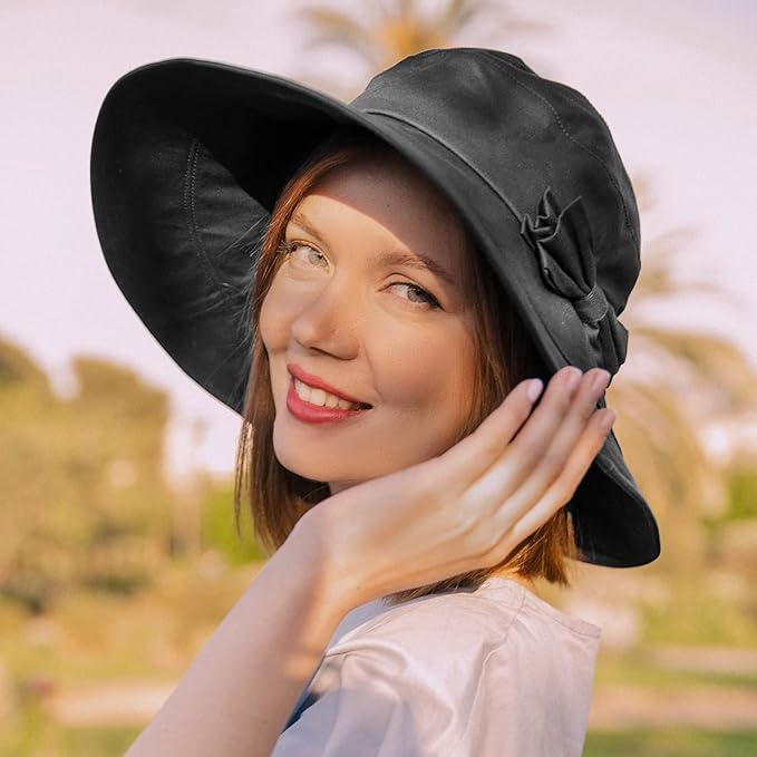 Comhats Packable Summer Cotton Sun Hat Bucket for Women UV Protection Wide Brim Beach Gardening Travel 54-64CM