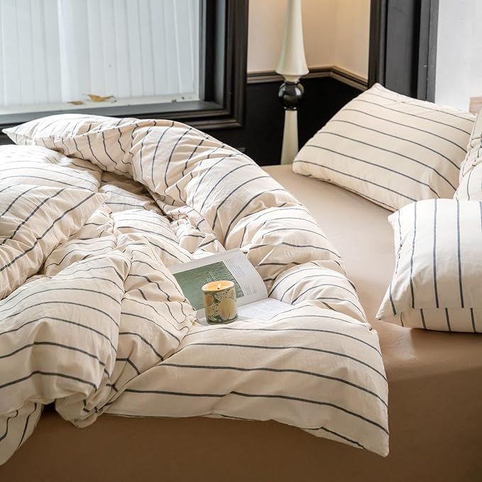 Striped Comforter Set Twin XL Size Grey Stripes Pattern Printed Comforter 3 Pieces Lightweight Boho Bedding Comforter Set for All Seasons Breathable Soft Fluffy Beige Comforter with 2 Pillowcases