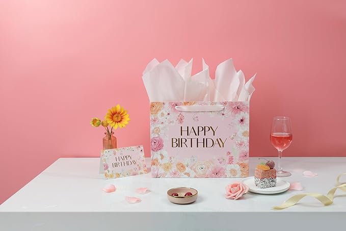 13” Large Wild Flower Gift Bag, Floral Design Happy Birthday Bag with Handles, Greeting Card, Tissue Papers for Women Girls Birthday Party Baby Shower Supplies Favors.（13in）