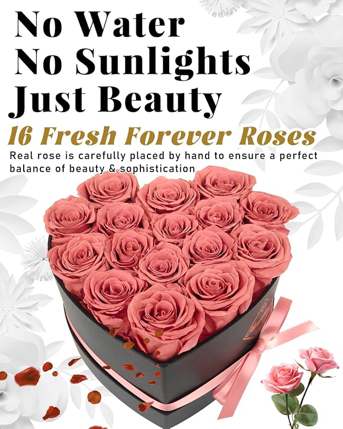 16 Flowers Forever Preserved Roses in Heart Box, Preserved Flowers Womens Birthday Gifts for Women Mothers Rose Gift for Her Romantic Eternal Real Rose for Women Mom Wife