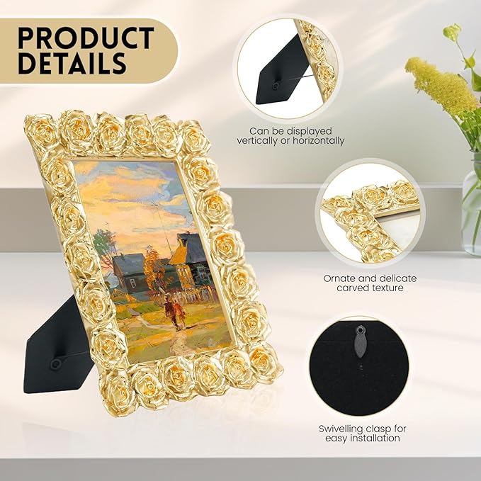 Rose 4x6 Picture Frame, Gold Vintage Antique Picture Frames with Glass Front, Elegant Retro Carved Ornate Photo Frame, Resin Photo Frames for Tabletop or Wall Hanging, Vertical or Horizontal Photos Display