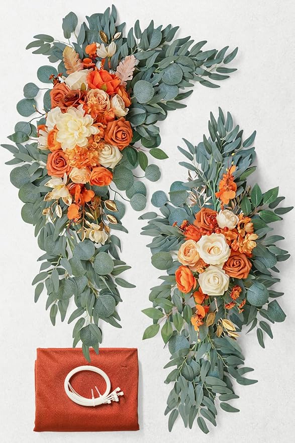 ponatia Artificial Wedding Arch Flowers Kit(Pack of 3) with 26Ft Shiny Wedding Arch Draping Fabric, Arch Flowers for Wedding Ceremony and Reception Backdrop Wedding Decoration (Burnt Orange)